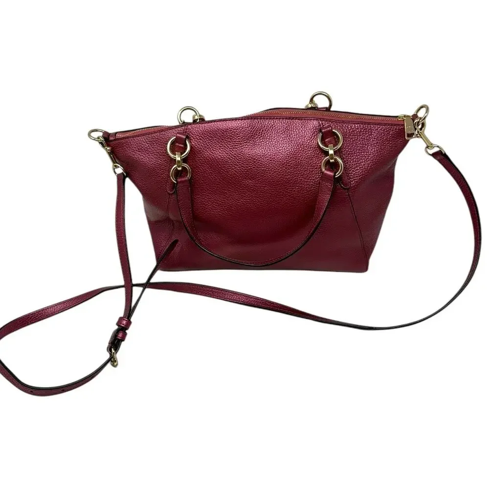 Coach Pebbled Leather Satchel Crossbody Bag Metallic Burgundy Gold Hardware